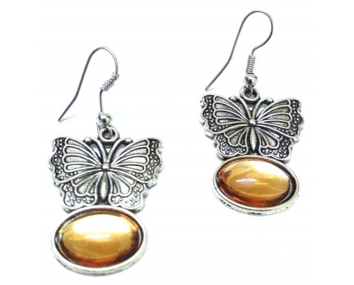 BEIGE BUTTERFLY Silver Oxidized Earrings - Hook Dangle Drop - Fashion Novelty